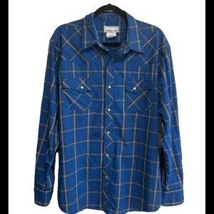 Wrangler Wrancher Shirt SizeXL Blue Plaid Western Pearl Snap Button Brushpopper